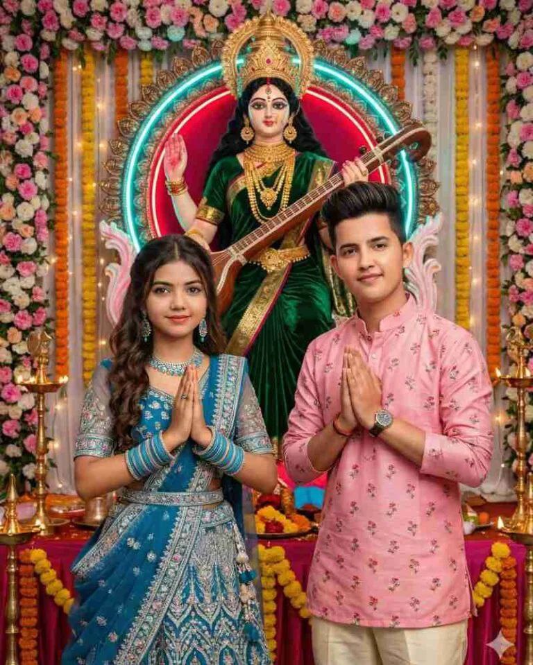 Saraswati Puja ai prompt for girl and boy