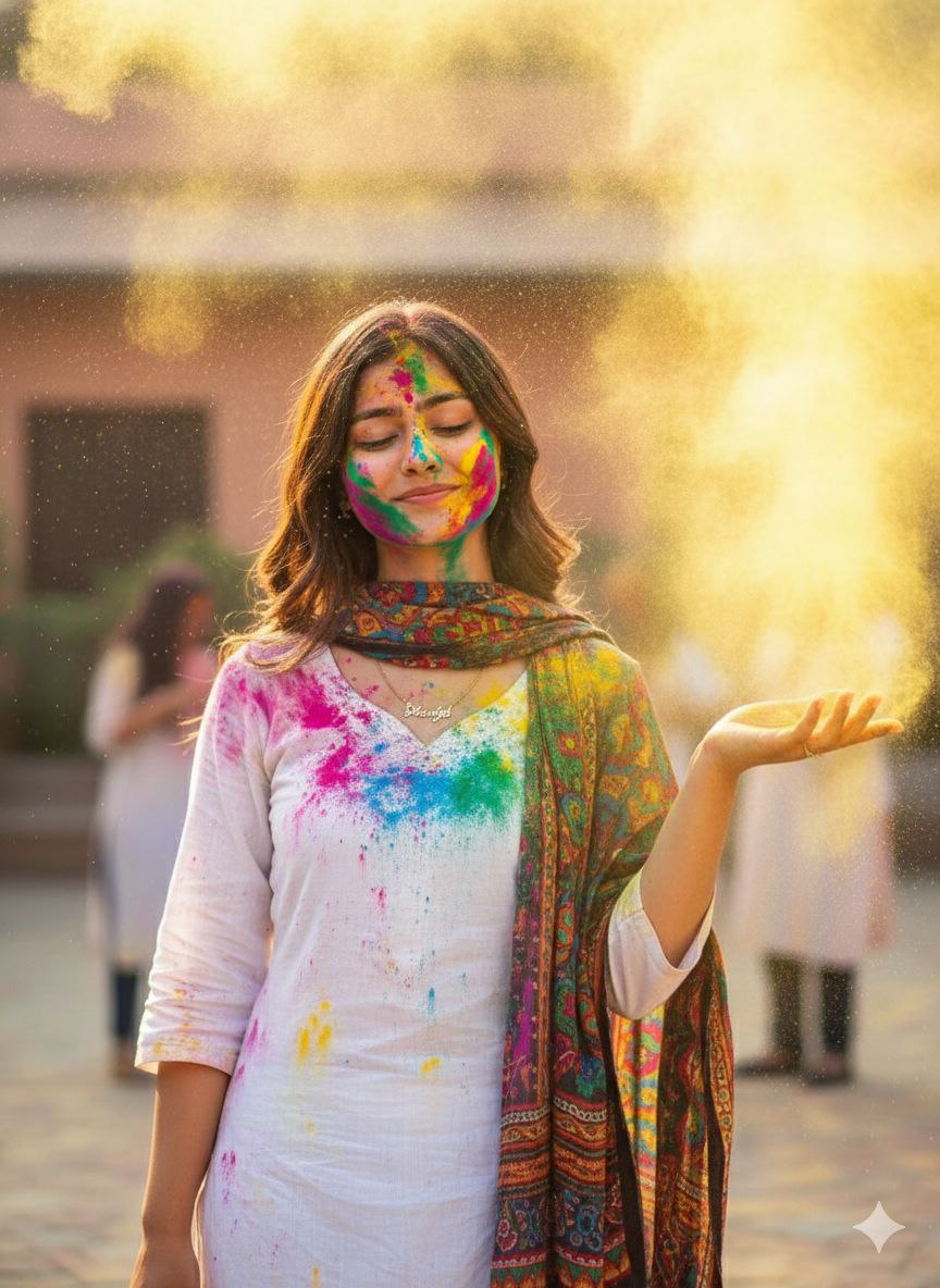 Ai prompt for girl of Holi festival