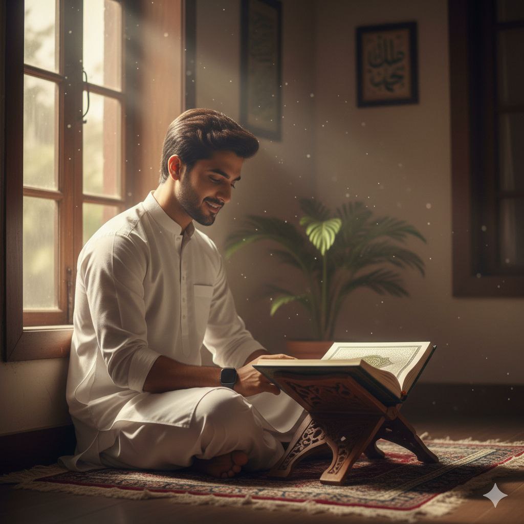 Trending Ramadan ai prompt for boy reading quran at home